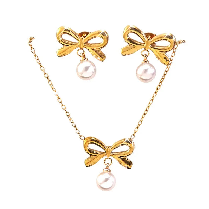 Hot Selling Stainless Steel Bow Necklace Light Luxury High-end Pearl Earrings Titanium Steel Color Non-fading Jewelry
