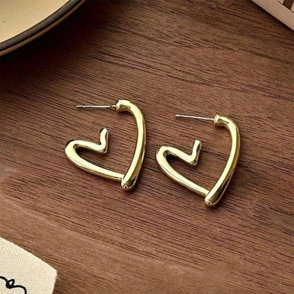 DGIDDK Stainless Steel Fashion Metal Hollow Heart-Shaped Earrings Korean Irregular Earrings for Women Jewelry Daily Collocation