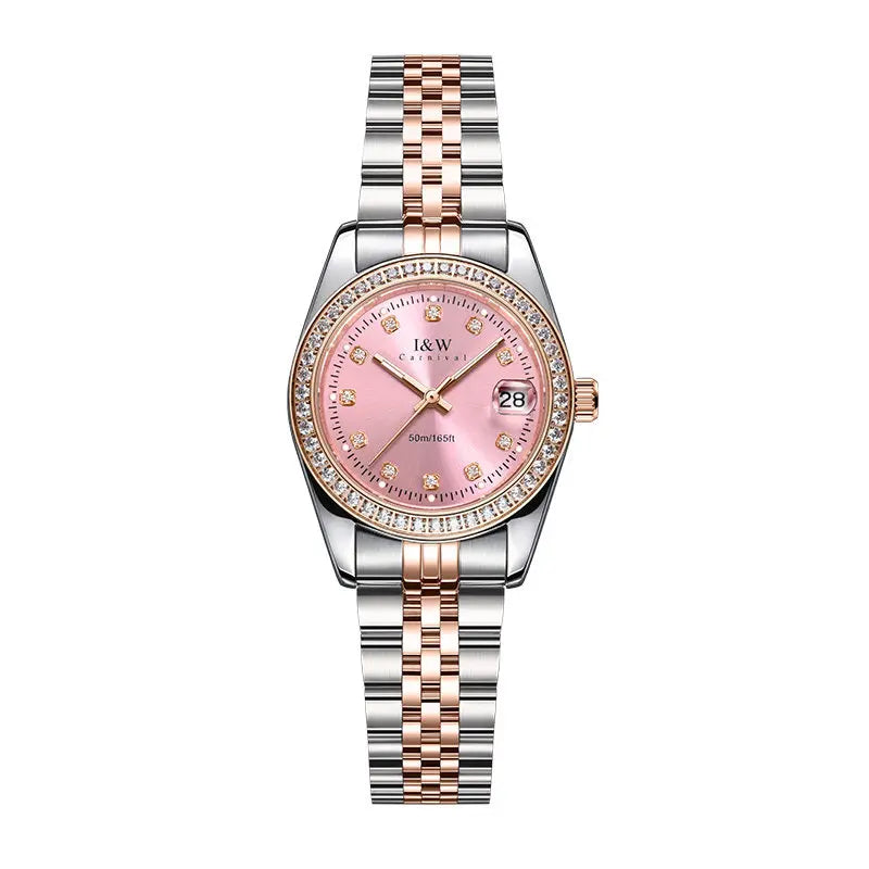 Watch with a pink face and two-tone metal strap on a white background