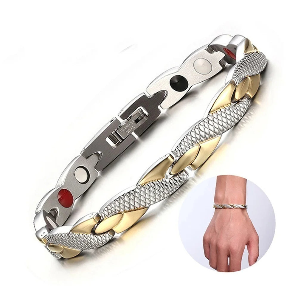 Silver and gold bracelet with a close-up of a hand wearing it on a white background