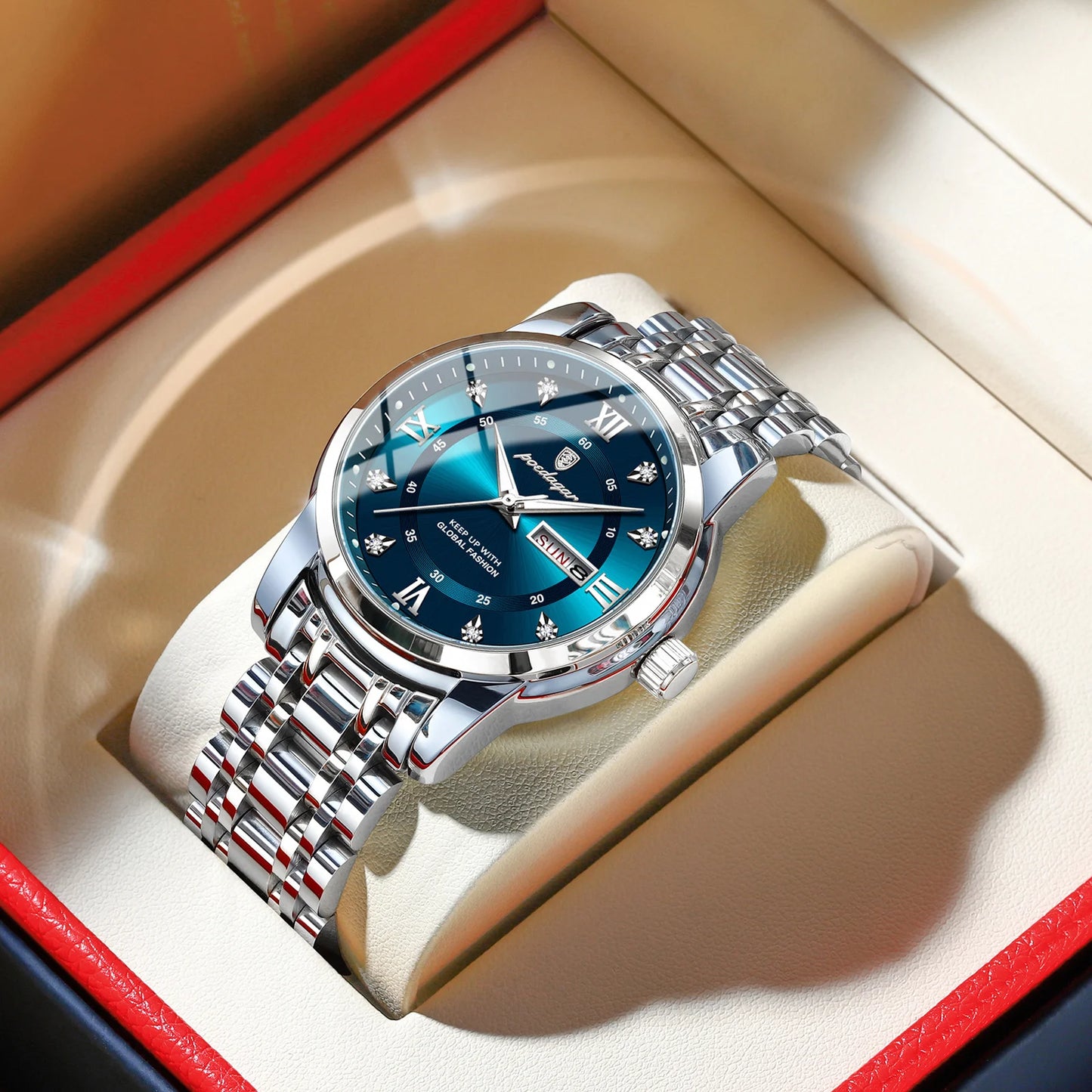 POEDAGAR Fashion Business Men's Quartz Watch Date Week Stainless Steel Man Wristwatch Waterproof Luminous Luxury Watches for Men