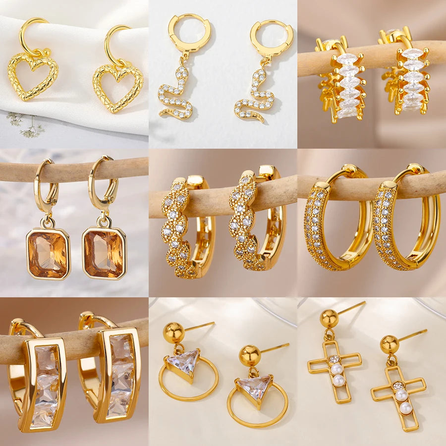 Free Shipping Zircon Geometric Earrings For Women Stainless Steel Gold Color Piercing Earring 2025 Fashion Wedding Jewelry Gift