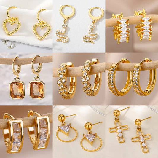 Free Shipping Zircon Geometric Earrings For Women Stainless Steel Gold Color Piercing Earring 2025 Fashion Wedding Jewelry Gift