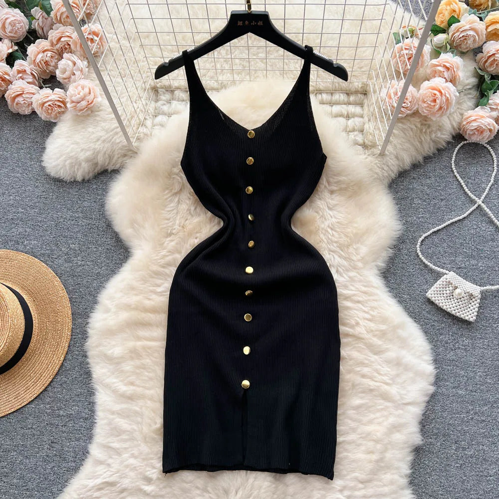 Bottons 2026 Sexy Summer Short Knit Strap Dress Women Tank Elatic Waist Bodycon Sundress Female Beach Split Backless Mini Dress