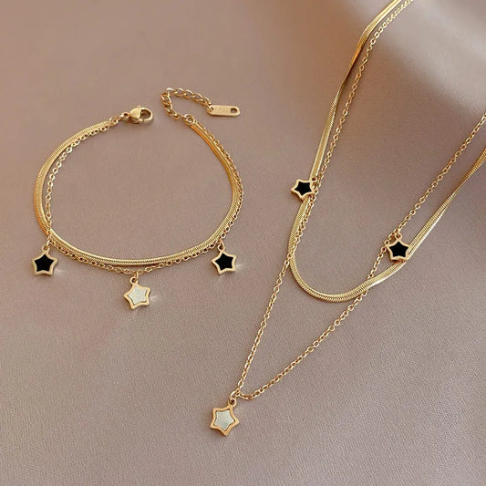DIEYURO 316L Stainless Steel Multilayer Chain Star Charm Necklace Bracelet For Women New Trend Jewelry Set Girls Party Gifts