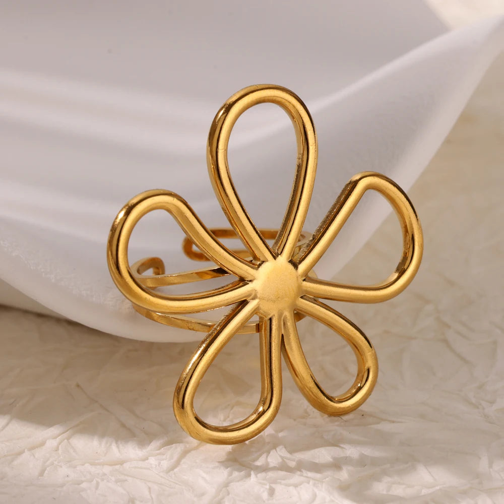 Stainless Steel Exaggerated Big Flower Rings For Women Gold Color Sunflower Finger Ring Female Fashion Aesthetic Jewelry Gift