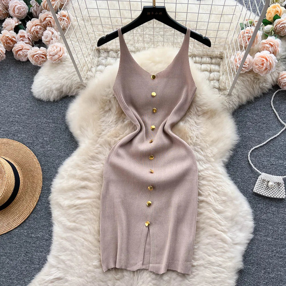 Bottons 2026 Sexy Summer Short Knit Strap Dress Women Tank Elatic Waist Bodycon Sundress Female Beach Split Backless Mini Dress