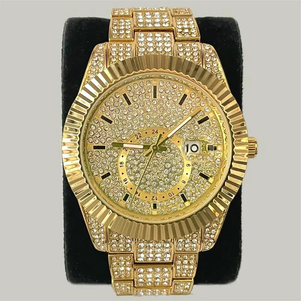 Gold watch with diamond-studded face and band on a gray background
