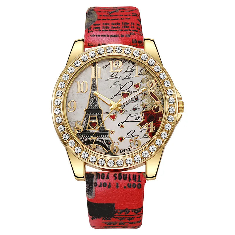 Fashion Large Dial Ladies Quartz Watch Romantic Eiffel Tower Design Women Leather Clock Gift Dress Watches