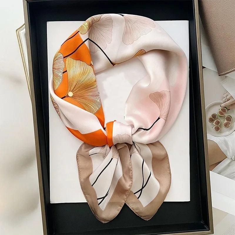68cm Ginkgo Leaf Printed Scarf Women's Model Emulated Silk Plant Printed Scarfs Fashion Versatile Clothes Bag Accessories Scarf