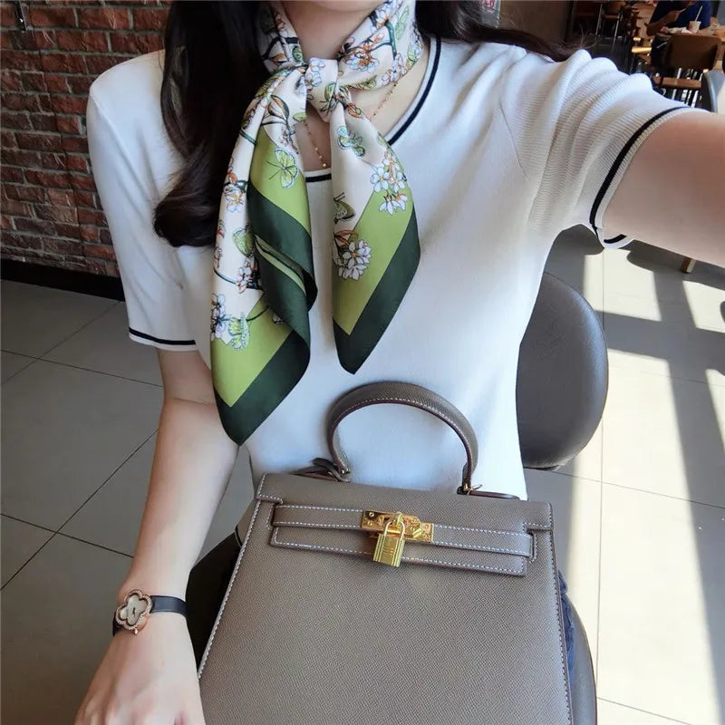 70*70cm Flower Silk Square Scarf Women Satin Shawl Wrap Hijab Female Hair Band Wrist Luxury Headkerchief Echarpe fashion Bandana