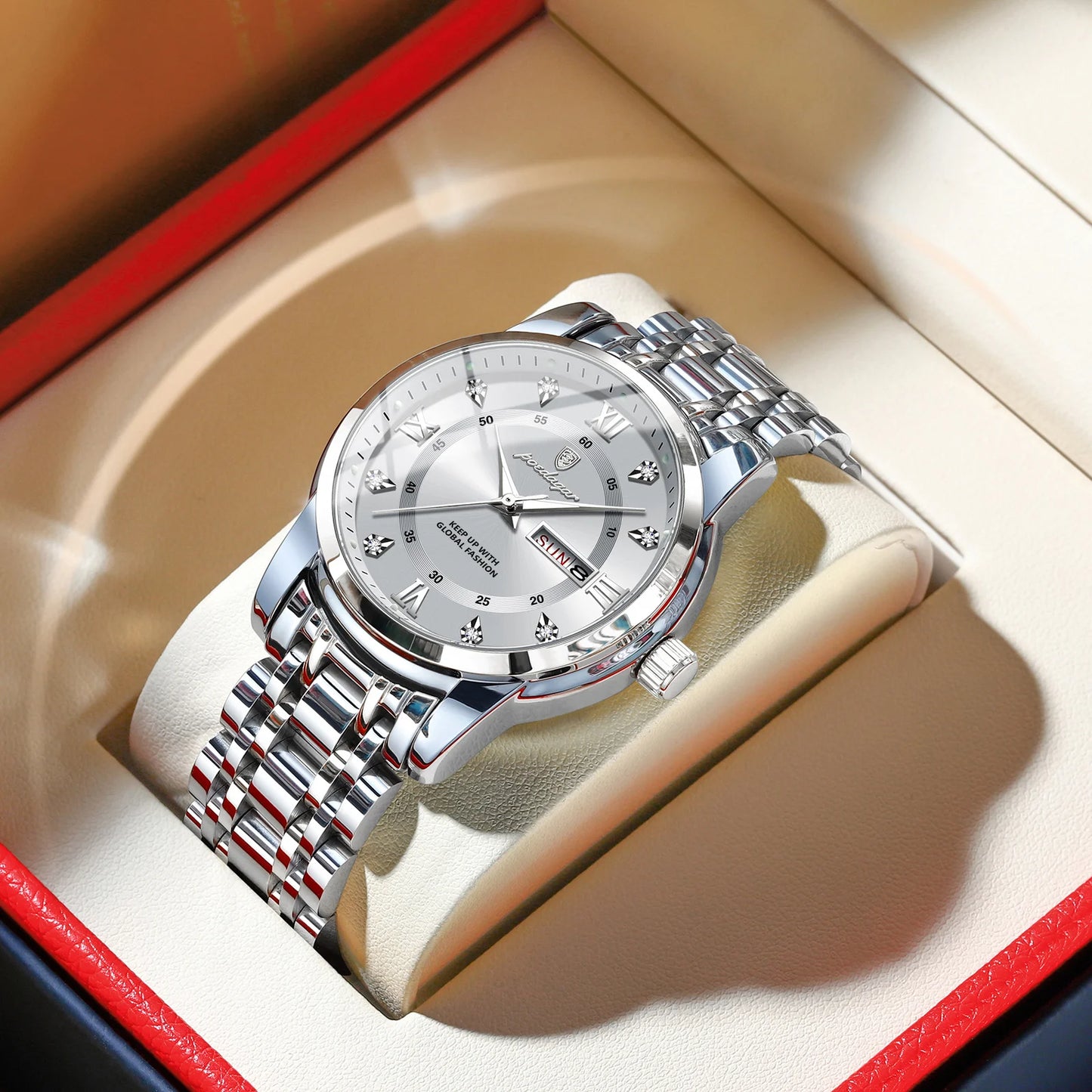 POEDAGAR Fashion Business Men's Quartz Watch Date Week Stainless Steel Man Wristwatch Waterproof Luminous Luxury Watches for Men