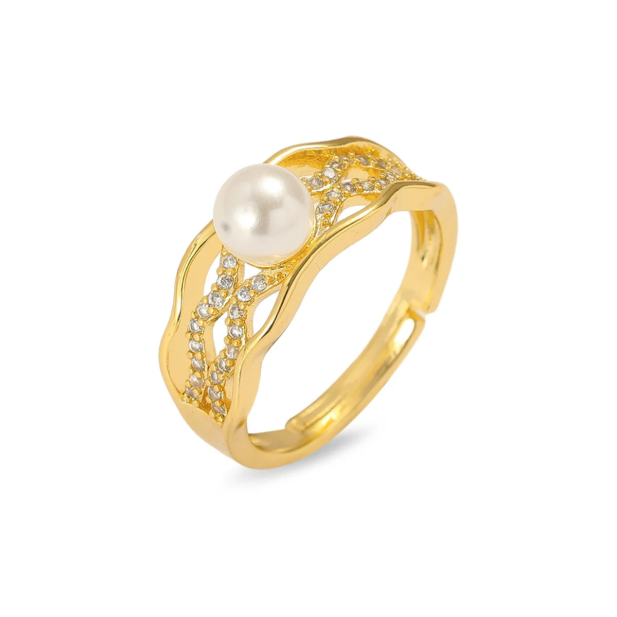Elegant Imitation Pearl Zircon Ring for Women Girls Gold Color Sweet Adjustable Openable Copper Rings Jewelry Gifts