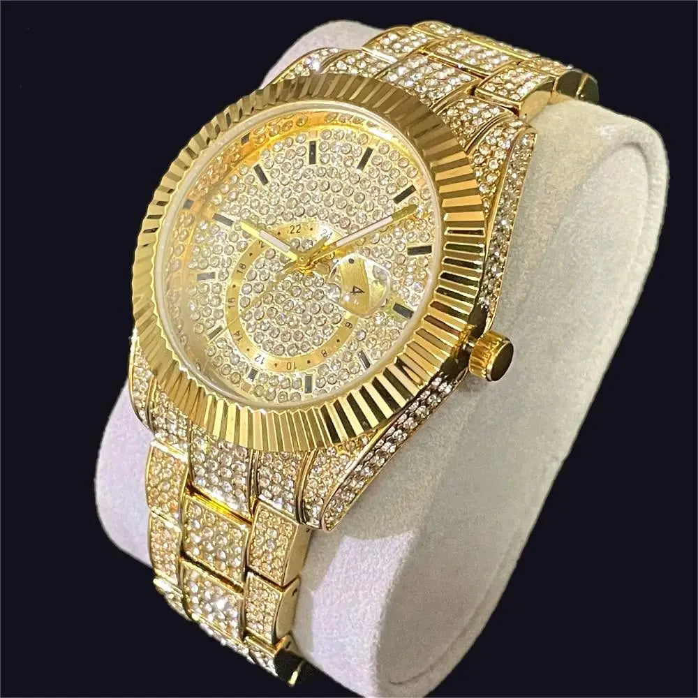 Gold diamond-encrusted watch on a white stand with a black background