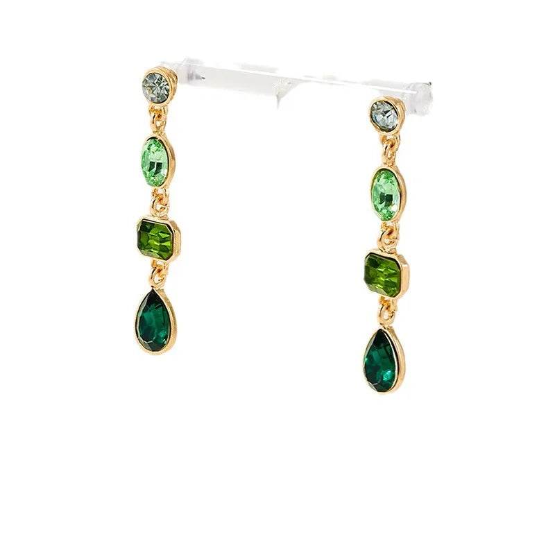 Retro Gradient Green Square Crystal Drop Earrings for Women Elegant Light Luxury Long Pendant Earrings Geometric Jewelry Gifts