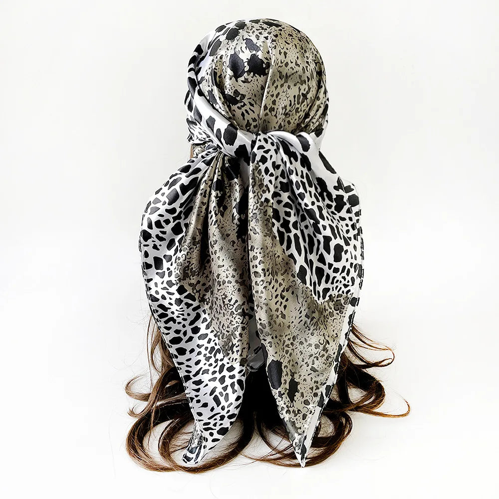 Leopard Print Square Scarf Stitching Color 90cm Satin Square Scarf Arab Trend Shawl Scarf Ladies Headscarf Hair Accessories