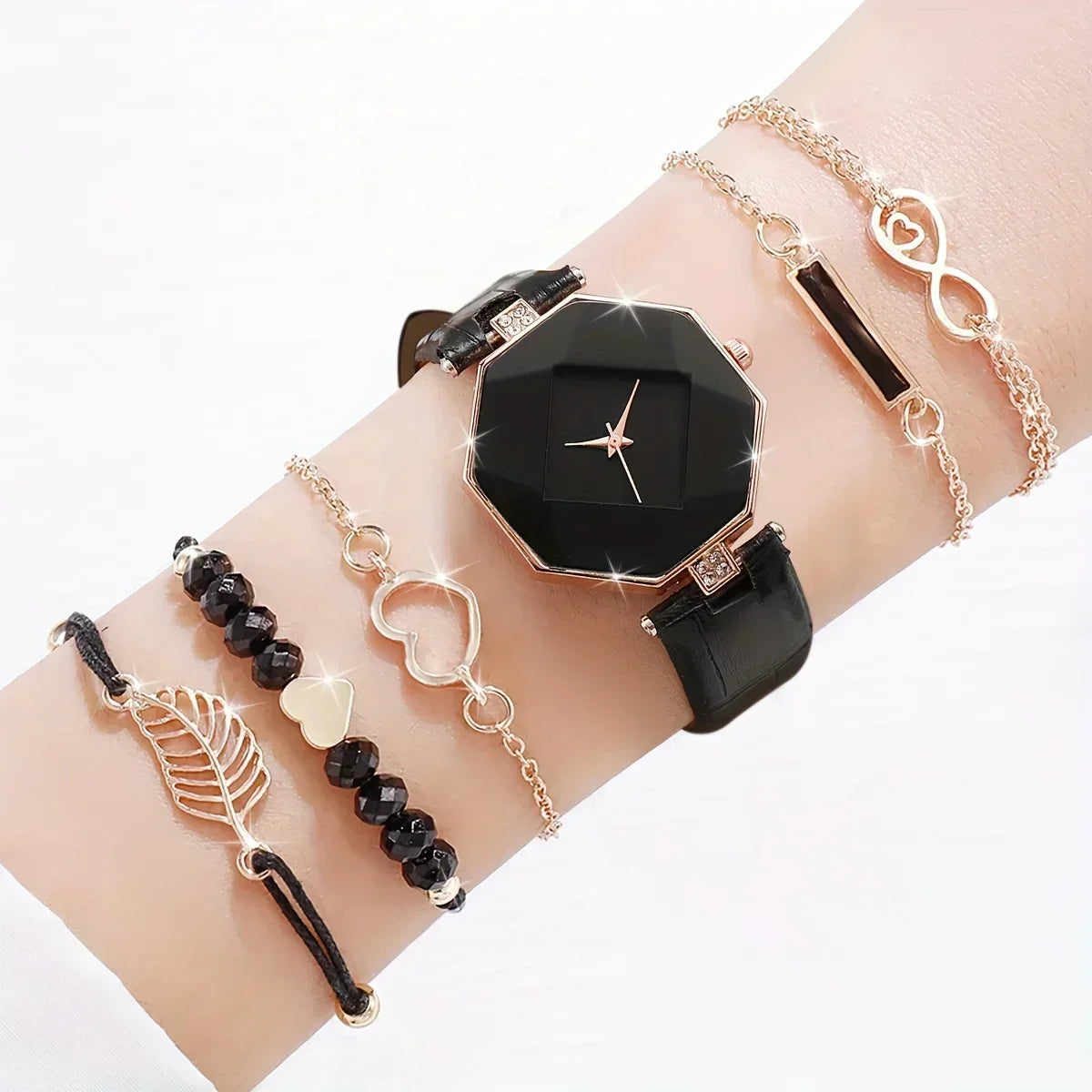 6pcs/set Women's Watch Casual Polygon Pointer Quartz Watch Analog PU Leather Wrist Watch & Bracelets, Gift For Mom Her