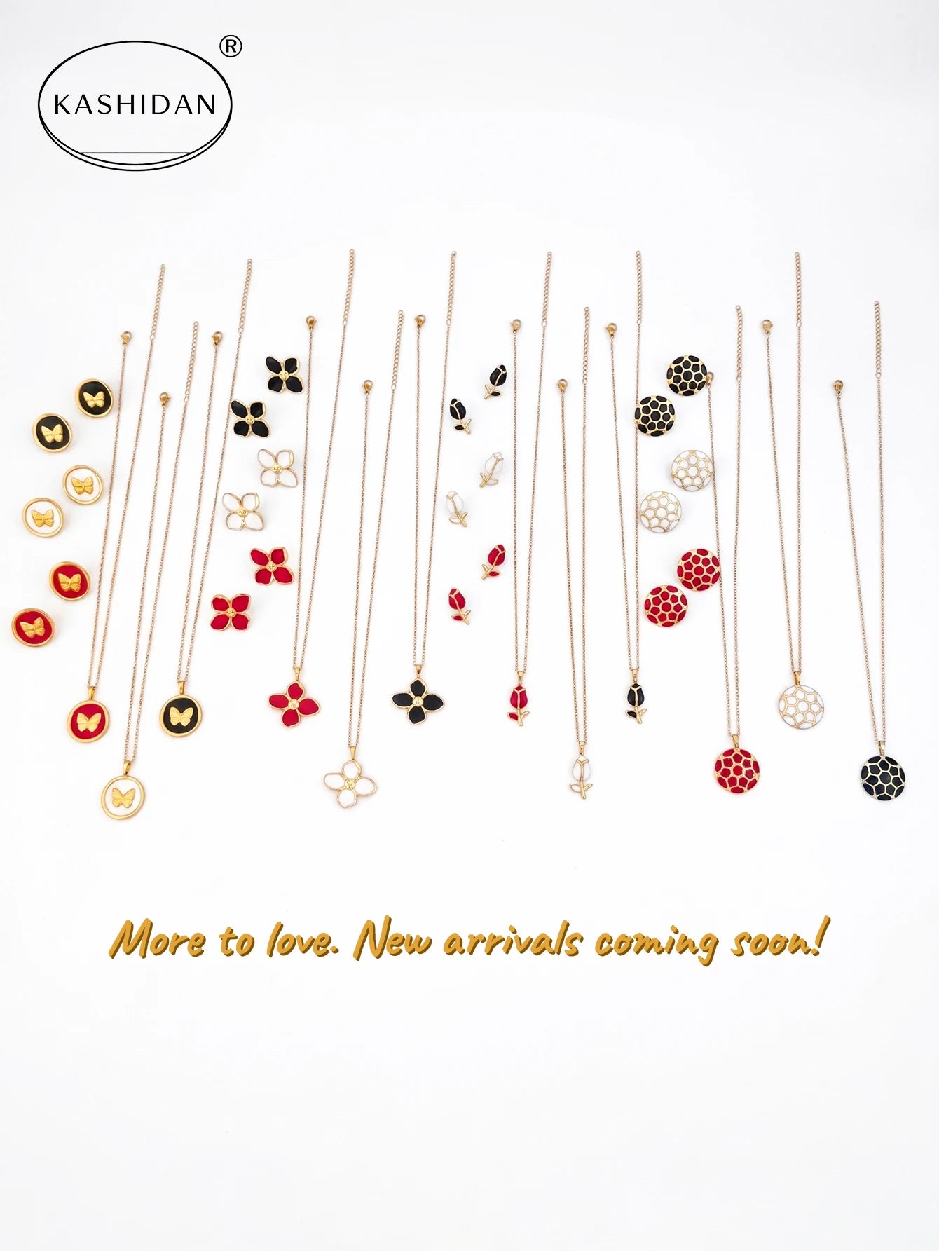 Collection of necklaces with floral designs on a white background, featuring the brand 'Kashidan'.