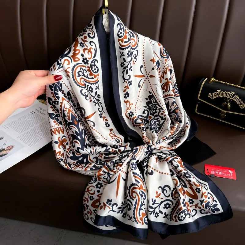 180*90cm Scarves Luxury Brand Long Silk Scarf Women Soft Shawl Wrap Muffler Hijab Bufanda Foulard Female Bandana Beach Stoles
