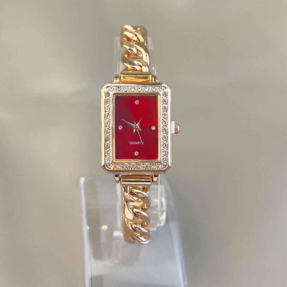Luxury Square Red Dial Women's Watch - Gold Chain Bracelet, Crystal Bezel, Elegant Dress Watch for Party & Formal Wear"