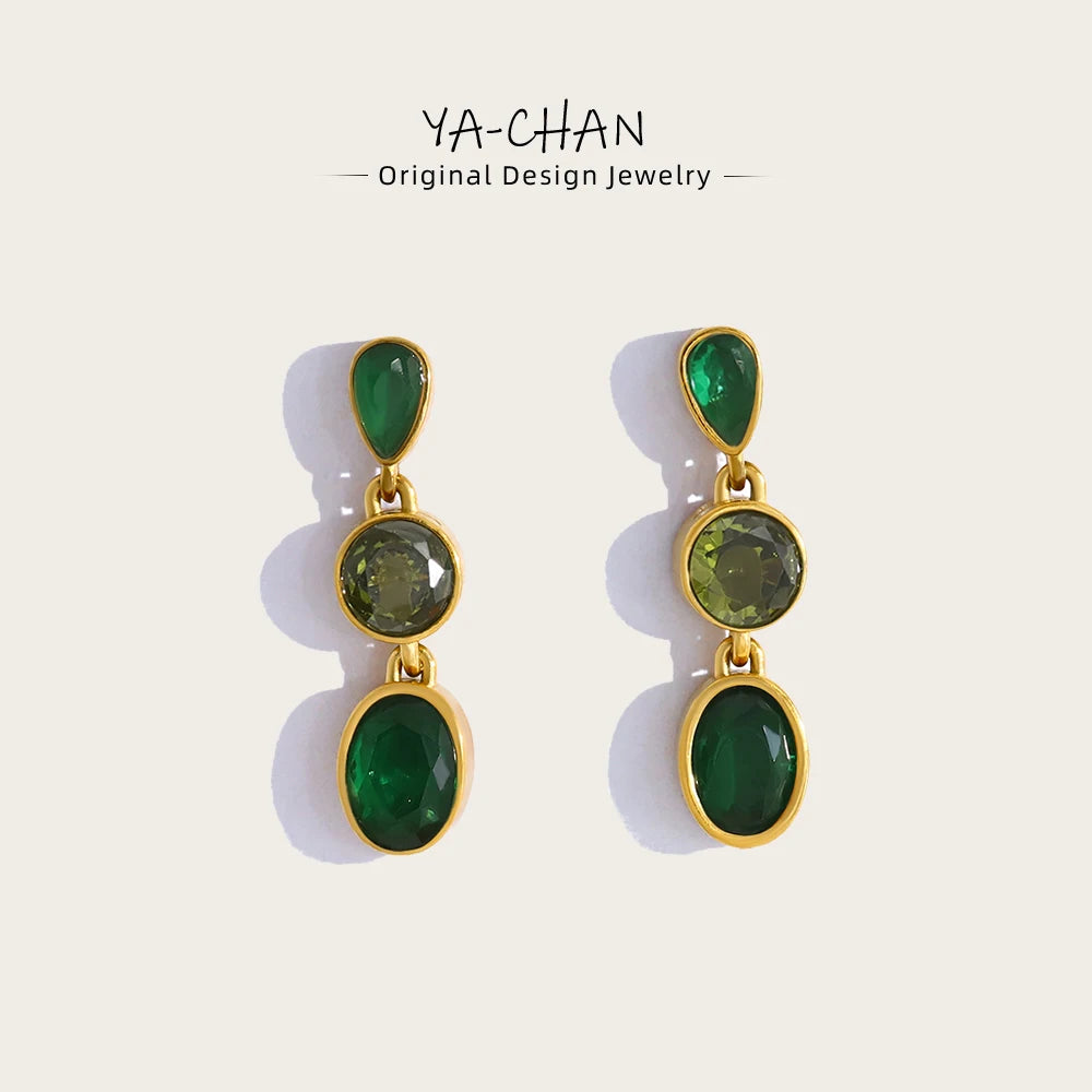 YACHAN Vintage Luxury Green Zircon Crystal Drop Earrings for Women 18K Gold Plated Stainless Steel Waterproof Trendy Jewelry