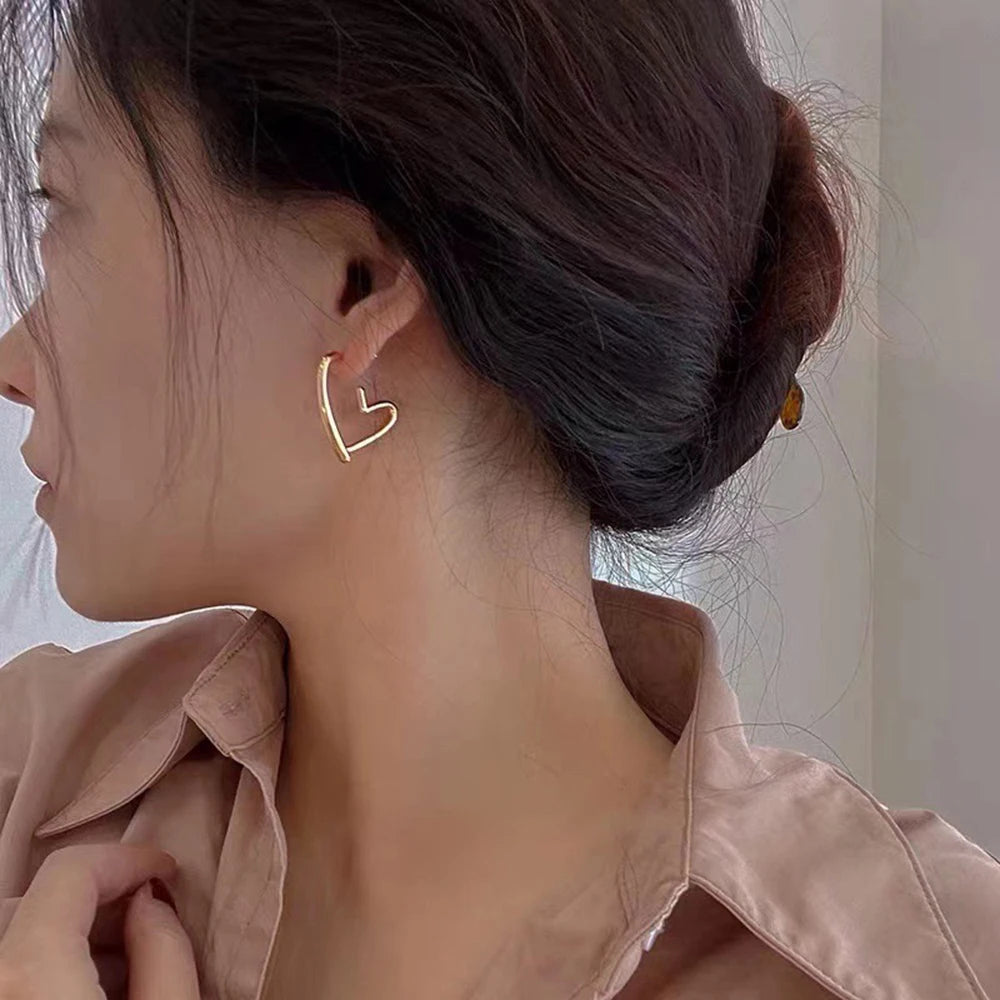 DGIDDK Stainless Steel Fashion Metal Hollow Heart-Shaped Earrings Korean Irregular Earrings for Women Jewelry Daily Collocation