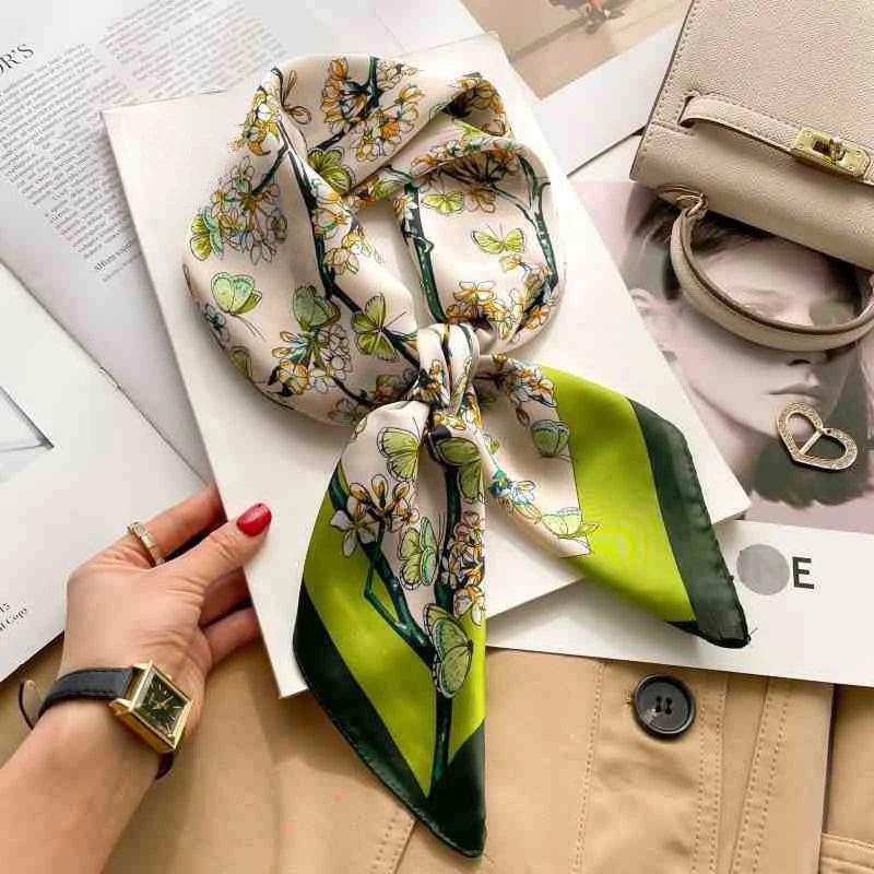 Fashion 70cm Green Print Square Silk Scarf Women Satin Neck Scarves Wrap Headkerchief Beach Hair Band Women's Bandana