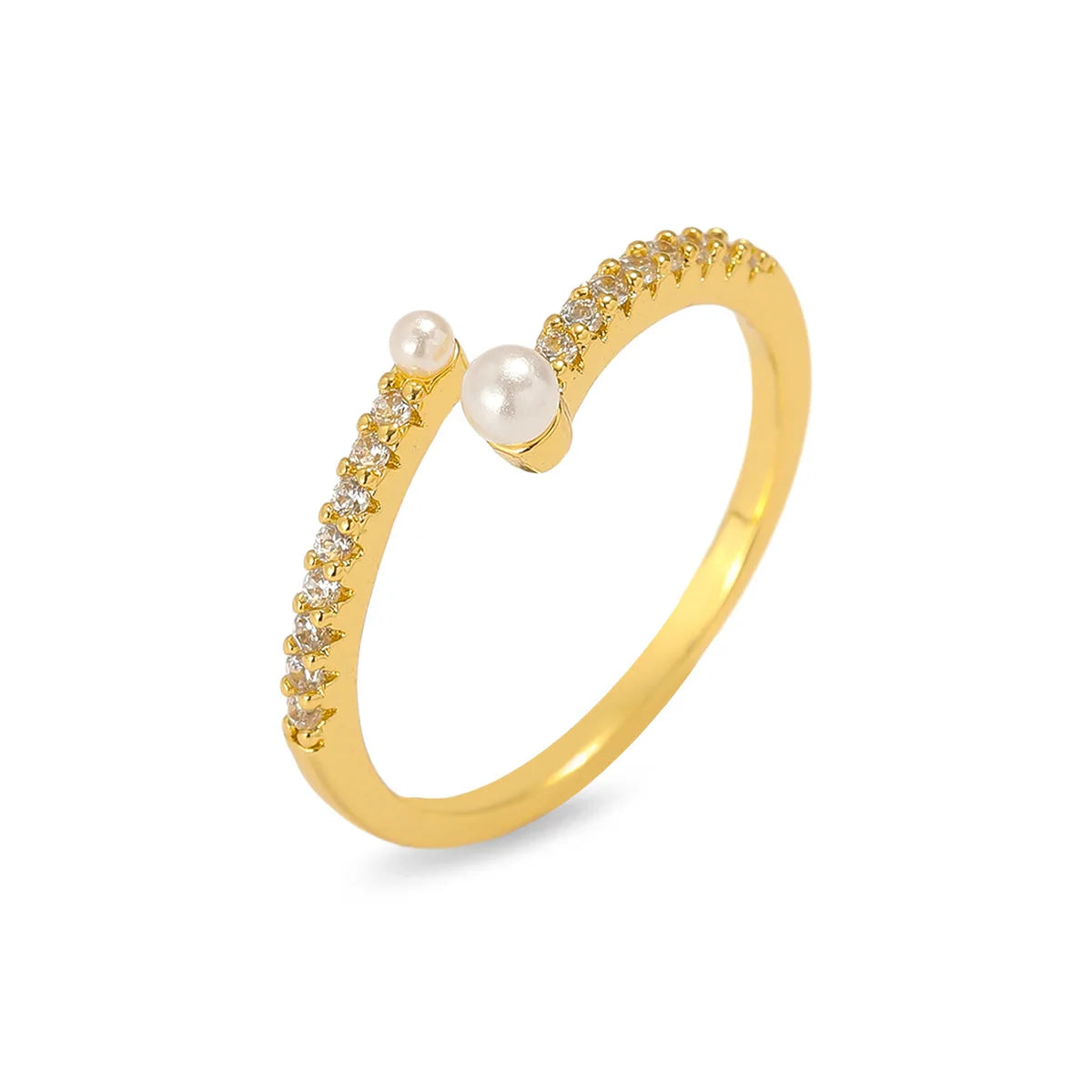 Elegant Imitation Pearl Zircon Ring for Women Girls Gold Color Sweet Adjustable Openable Copper Rings Jewelry Gifts