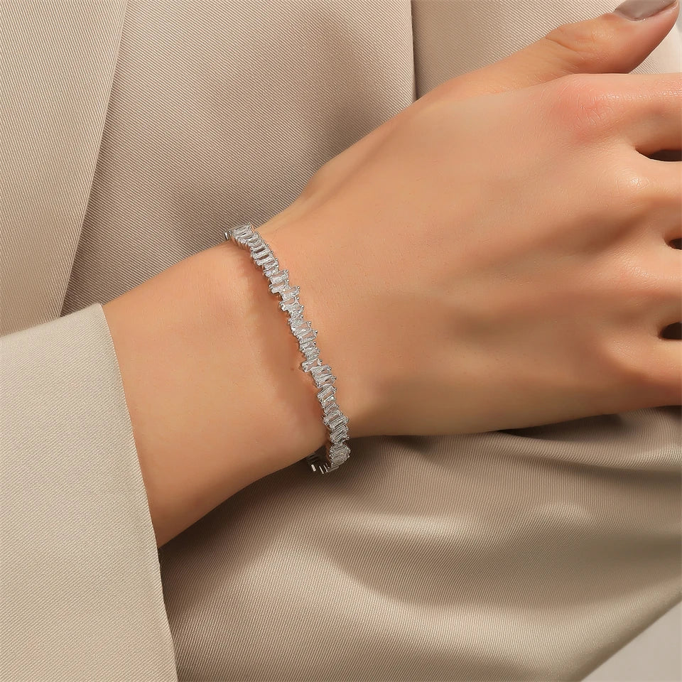ZAKOL Fashion Cubic Zirconia Decor Cuff Bangle For Women Trapezoidal Zircon Bracelets Party Banquet Wedding Gift