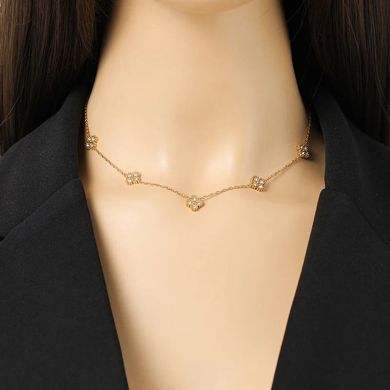 EILIECK 316L Stainless Steel Leaf Clover Zircon Necklace Earrings Bracelet Set For Women New Fashion Waterproof Jewellery Gift