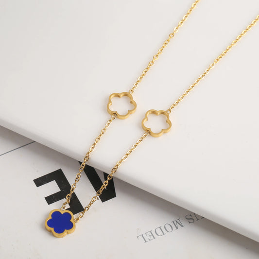 3pc New Design Single-Sided Plant Five Leaf Flower Hollow Bracelet Necklace Earring Set Stainless Steel Women's Clover