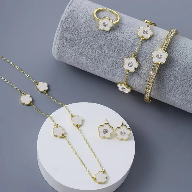 4Pcs High Quality Five Leaf Flower Botanical Jewelry Set Bracelet Necklace Earrings Bnagles Classic for Women Jewelry Clover