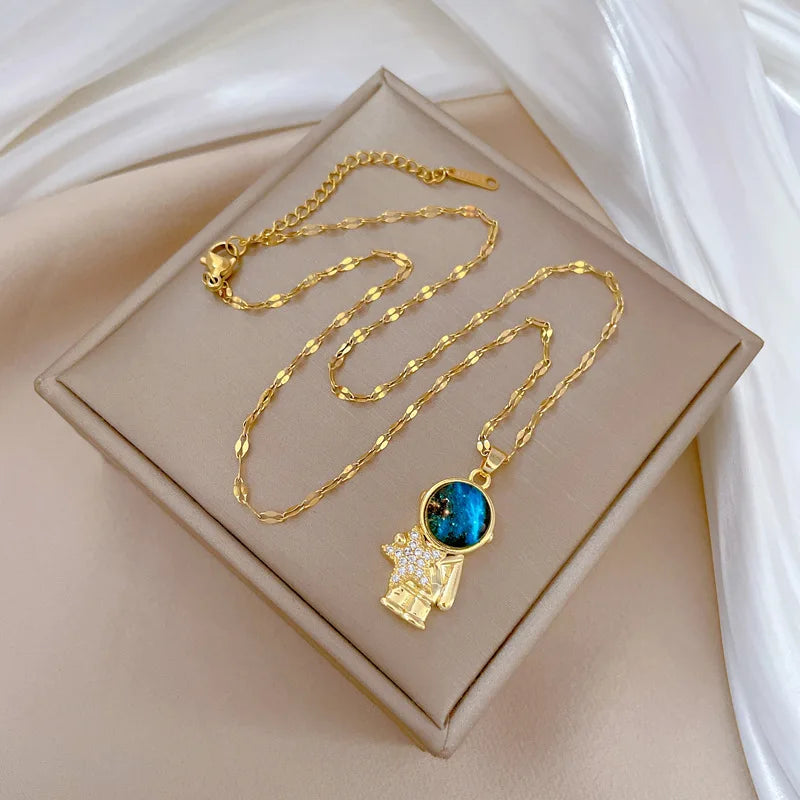 Light Luxury Titanium Steel Star Astronaut Series Necklace for Women Gold Color Planet Moon Astronaut Pendants Necklaces Jewelry