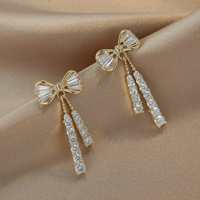Korean jewelry niche design full diamond bow tie tassel earrings