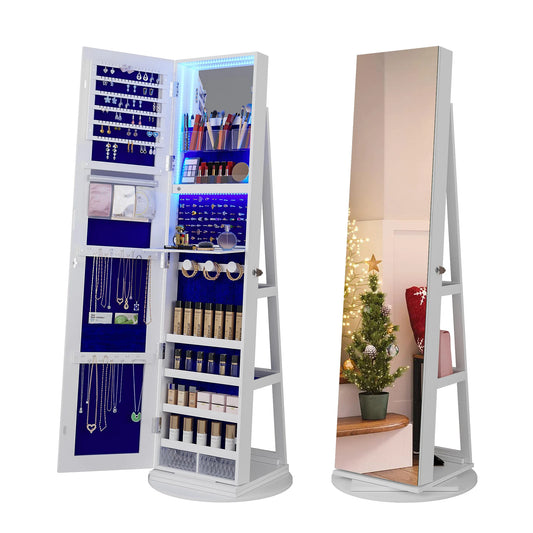 JDPAG Full Length Mirror with Storage, 61" Mirror Jewelry Cabinet Standing, Rotating Jewelry Mirror Organizer Full Length