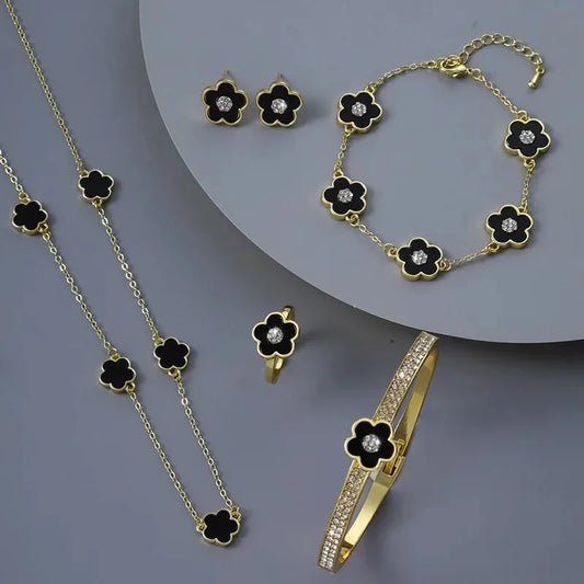 4Pcs High Quality Five Leaf Flower Botanical Jewelry Set Bracelet Necklace Earrings Bnagles Classic for Women Jewelry Clover