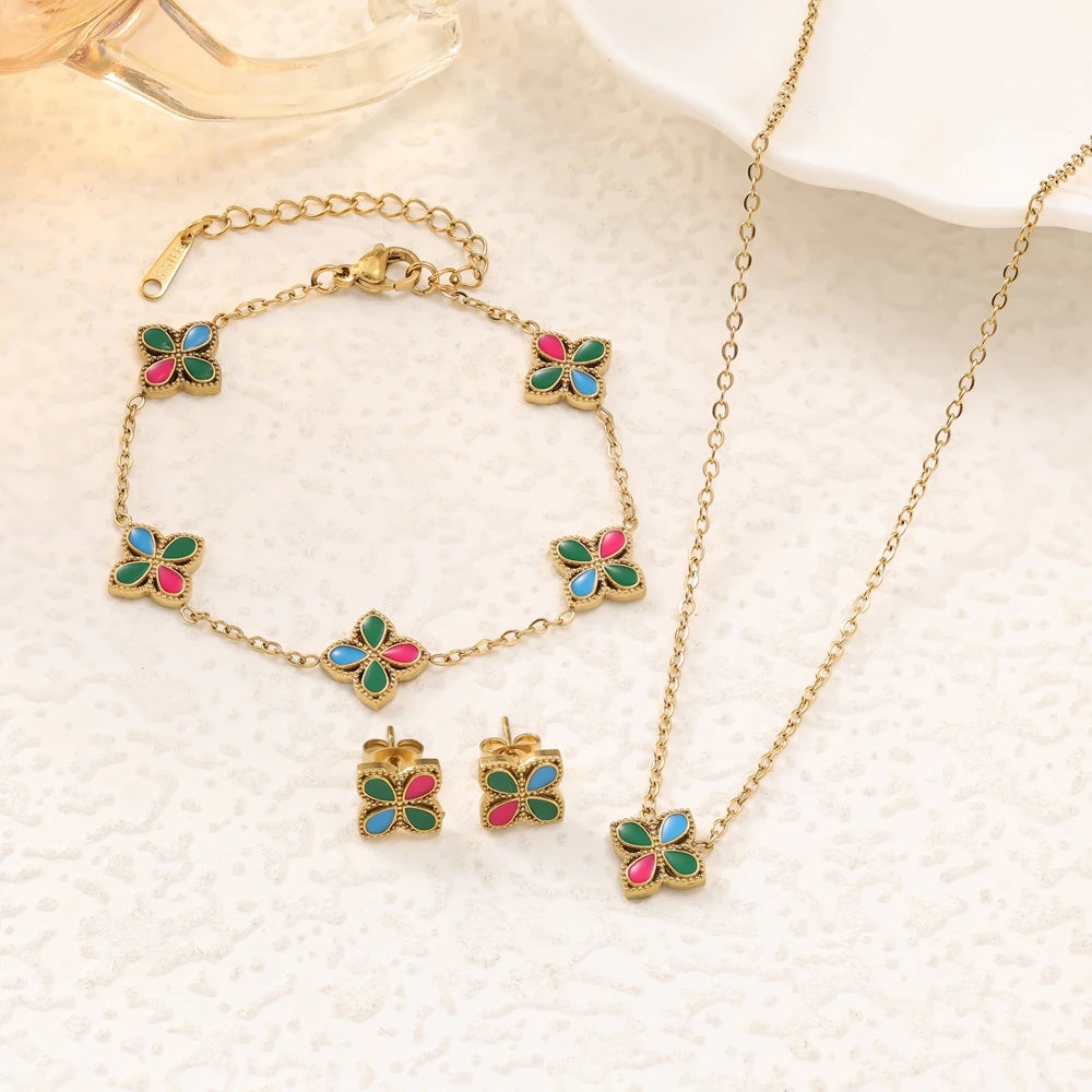 4pc fashion trend high-end feeling clover necklace earrings bracelet women's versatile flower jewelry set