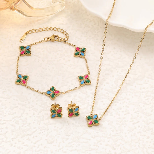 4pc fashion trend high-end feeling clover necklace earrings bracelet women's versatile flower jewelry set