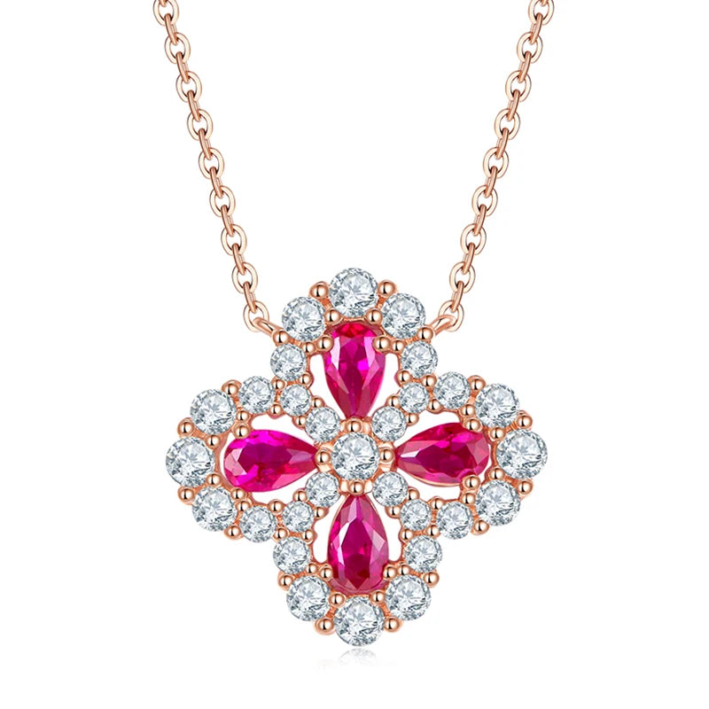 RAPRGOLD Ruby Jewelry Set Four-Leaf Clover Pendant Necklace Chains for Women S925 Sterling Silver Stud Earrings Wedding Gifts