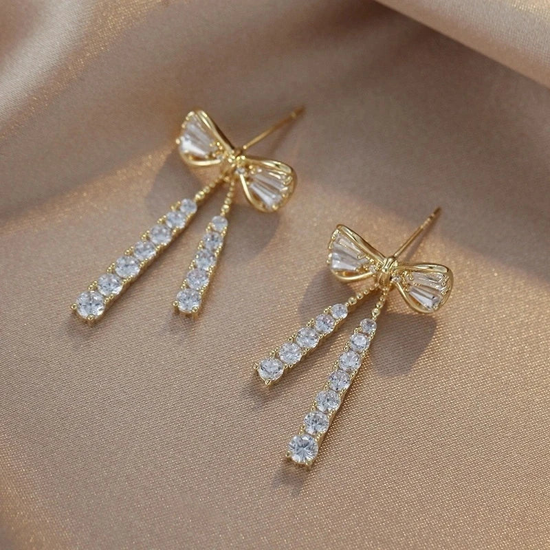 Korean jewelry niche design full diamond bow tie tassel earrings