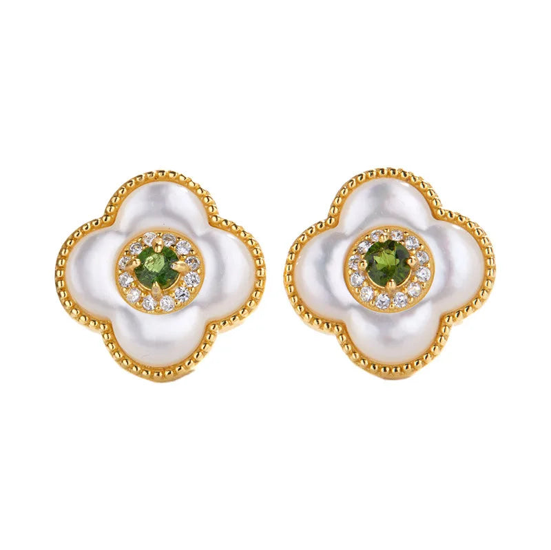 GXGlint 925 Sterling Silver Colorful Four Leaf Clover Earrings with Natural Opal and Translucent Stone Earrings for Women