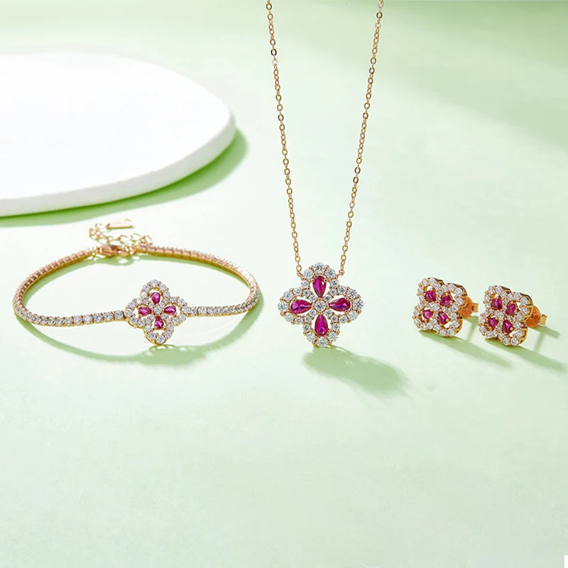 RAPRGOLD Ruby Jewelry Set Four-Leaf Clover Pendant Necklace Chains for Women S925 Sterling Silver Stud Earrings Wedding Gifts