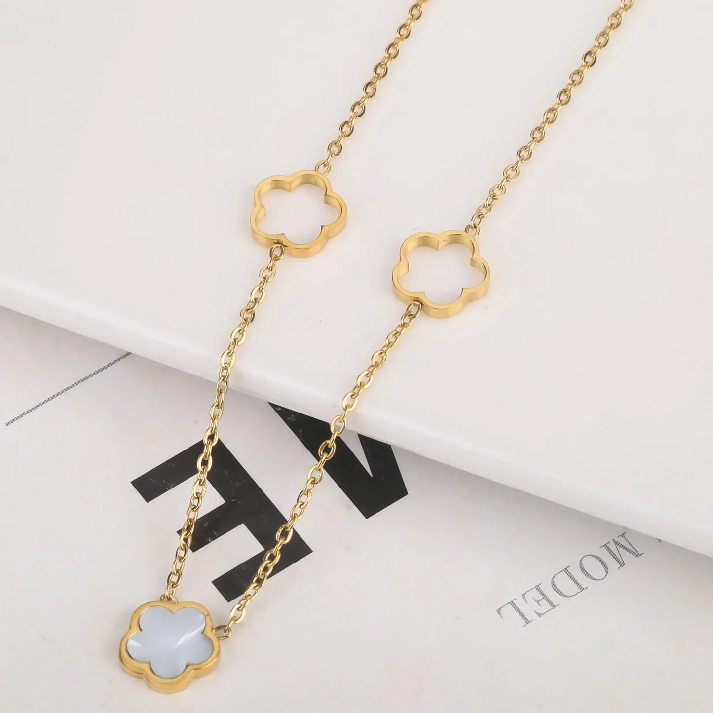 3pc New Design Single-Sided Plant Five Leaf Flower Hollow Bracelet Necklace Earring Set Stainless Steel Women's Clover