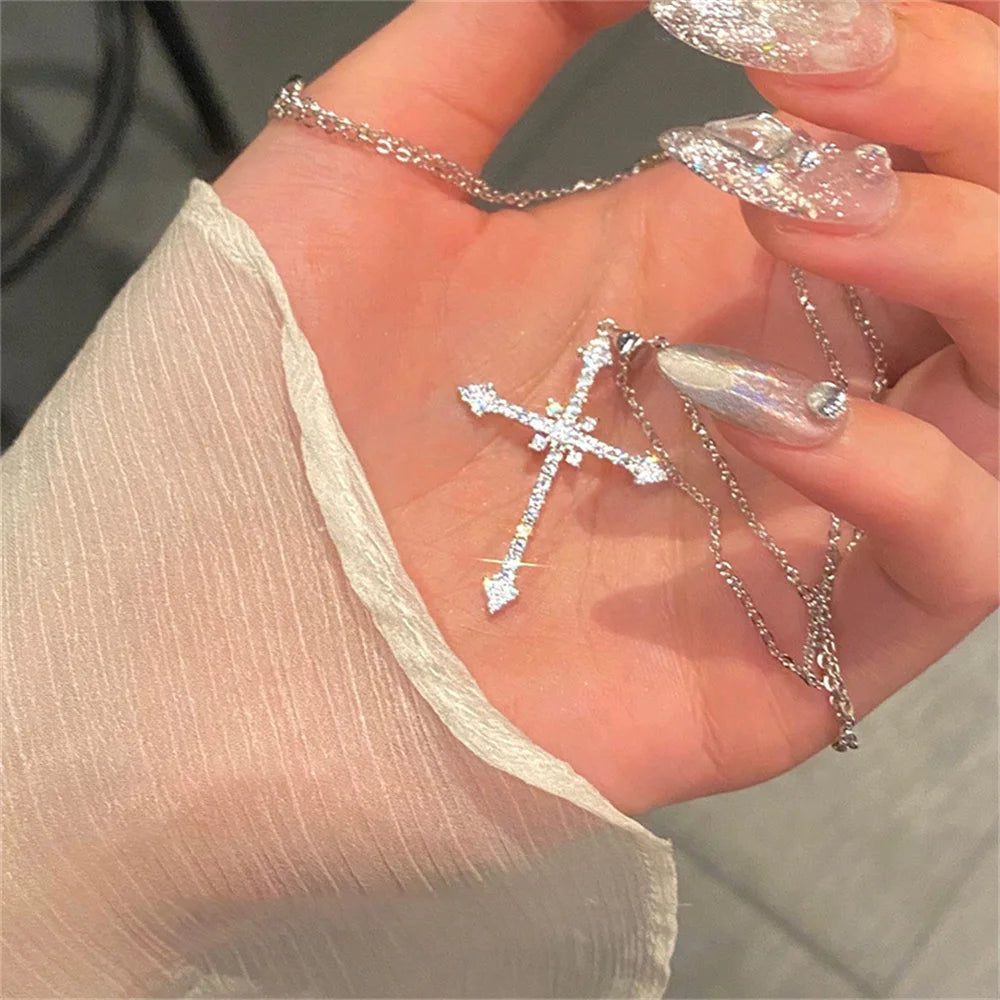 2025 Elegant Crystal Cross Pendant Necklace Silver Color Star Ladies Necklace Fashion Party Jewelry Women Gift Wholesale