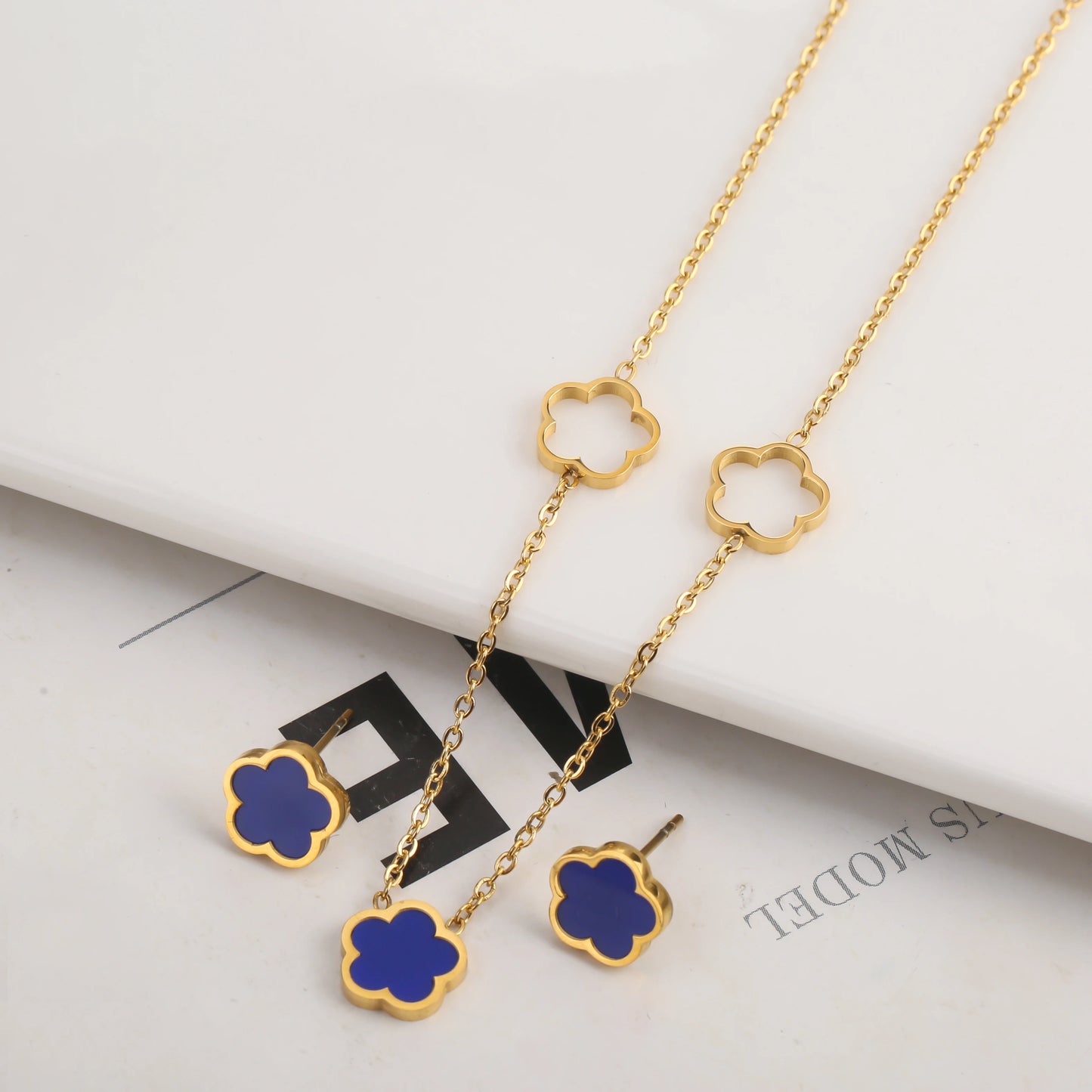 3pc New Design Single-Sided Plant Five Leaf Flower Hollow Bracelet Necklace Earring Set Stainless Steel Women's Clover