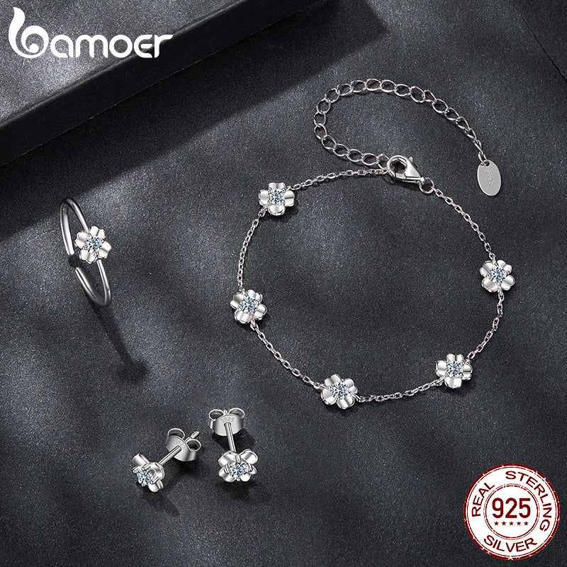 Bamoer Moissanite Jewelry Set Four Leaf Clover Ring Stud Earrings Bracelet 925 Sterling Silver for Wedding Party Jewelry Gift