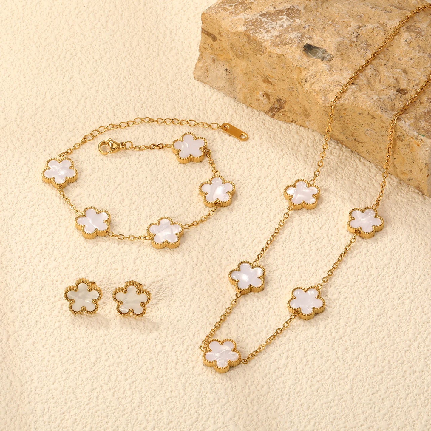 ASONSTEEL Fashion Flower Necklace Earrings Bracelet Jewelry Sets For Women Stainless Steel Shell Clover Accessories Vintage Gift