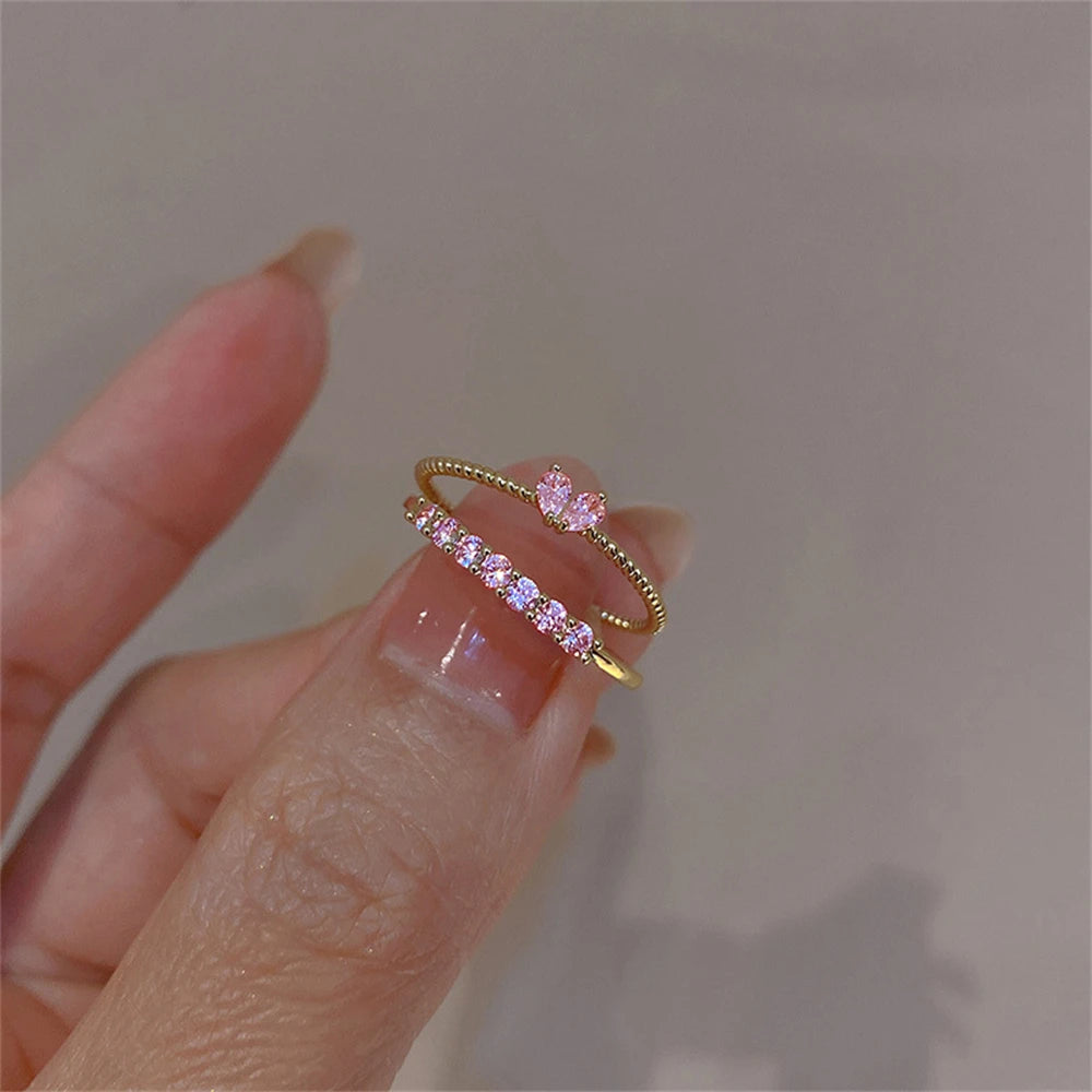 2PCS Aesthetic Elegant Dainty Crystal Heart Rings for Women Girls Gold Color Stackable Delicated Love Finger Ring Set Jewelry