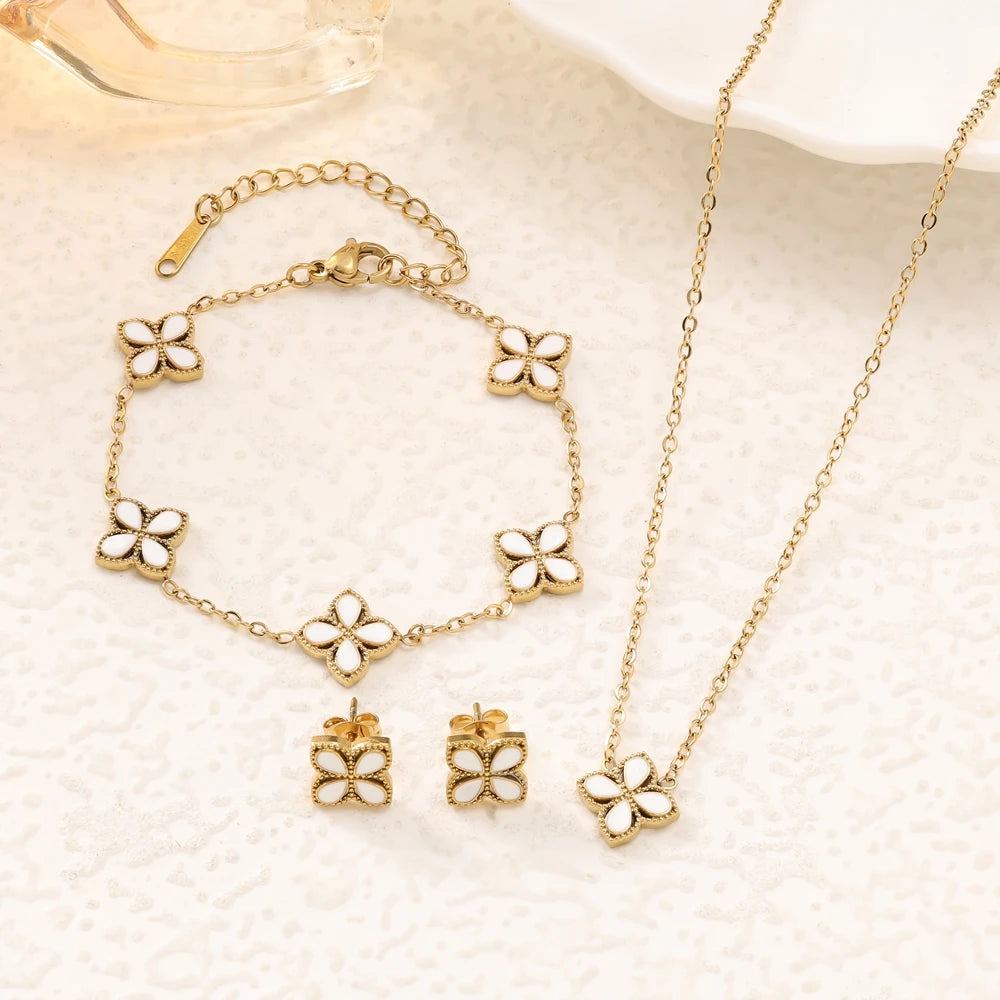 4pc fashion trend high-end feeling clover necklace earrings bracelet women's versatile flower jewelry set