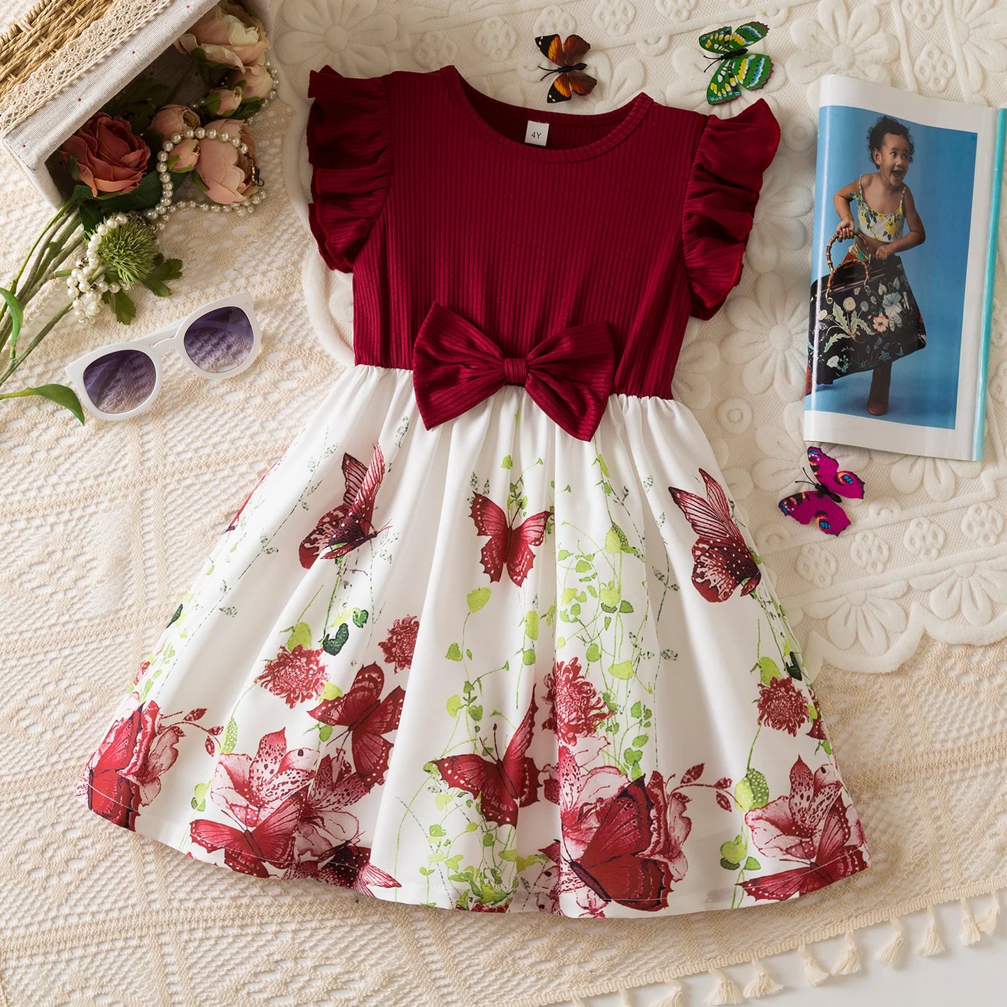 Girls Butterfly Print Princess Dress Kids Summer Ruffles Sleeve Elegant Party Clothes Children 3-8 Years Wedding Casual Dress